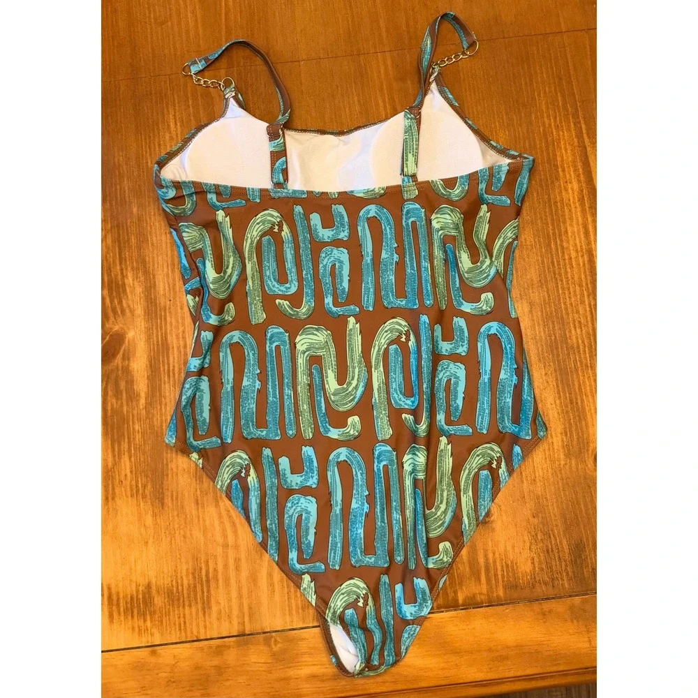 Abstract Print One Piece Swimsuit Brown Teal Gold Chain Straps XL Fits Large